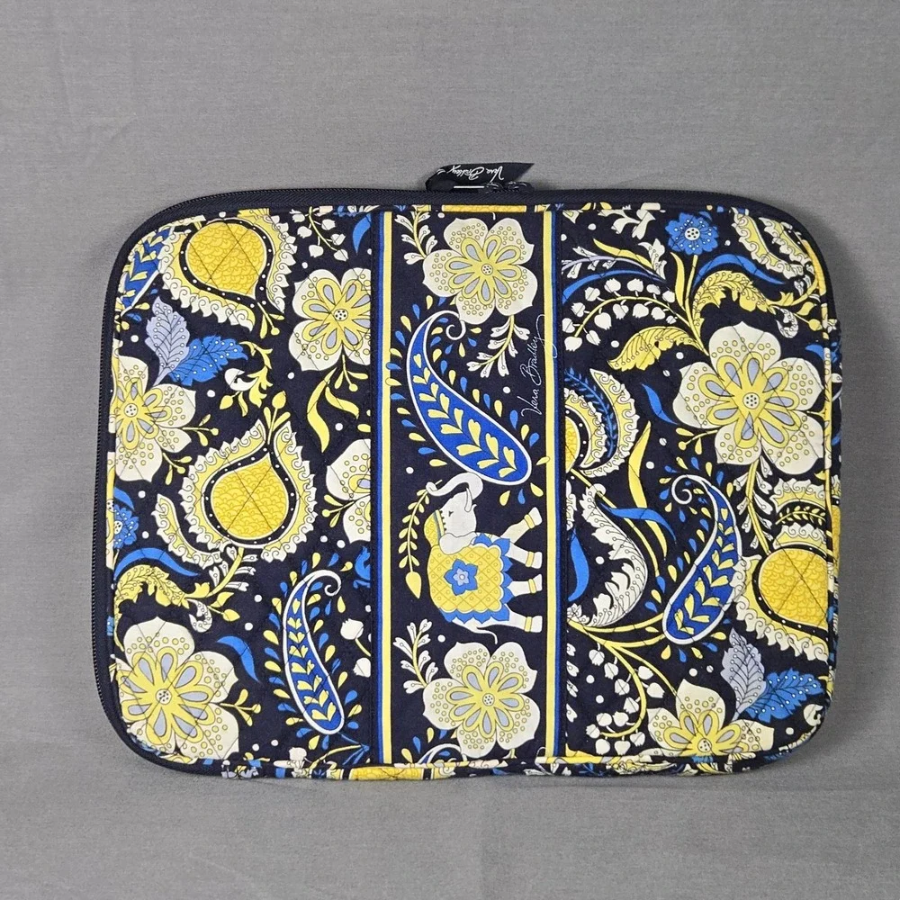 Vera Bradley Laptop Sleeve Elephant Parade Navy Yellow Quilted Zip Padded Case